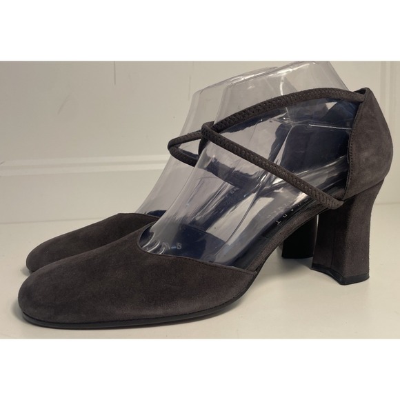 Stuart Weitzman Gray Suede Leather‎ Heels Cross Cross Straps Classic Women's 8.5 - Picture 1 of 10